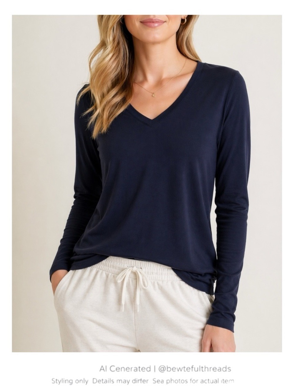 Athleta Navy V Neck Long Sleeve Stretch Top Relaxed Fit Medium
